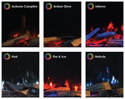 RINNAI ES 1000 Electric Fire flame effect themes including Autumn Campfire, Ember Glow, Inferno, Noir, Fire &amp; Ice, and Nebula.