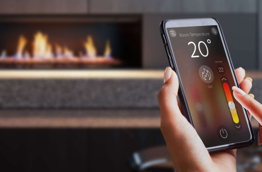 Rinnai Linear 800 double-sided fireplace with FlameTech, controlled via smartphone for optimal home heating.