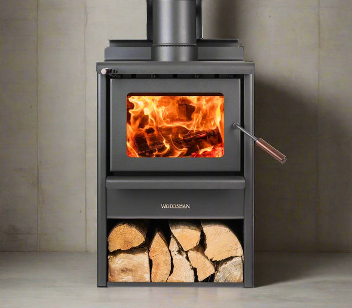 Woodsman Kanaku wood stacker with 4.2m Heatsaver Flue System, showcasing firewood storage and a burning fire inside.
