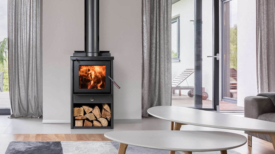 Woodsman Serene Wood Box ULEB fireplace with heatsaver flue in modern living room.