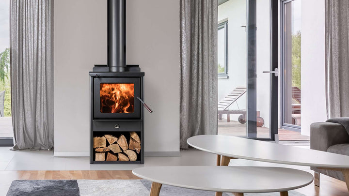 Woodsman Serene Wood Box ULEB fireplace with heatsaver flue in modern living room.