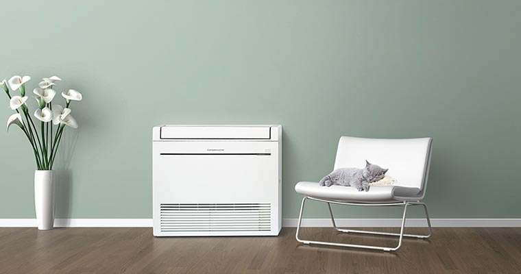 Mitsubishi RapidHeat MFZ-KW42VG heat pump console in a modern room setting.