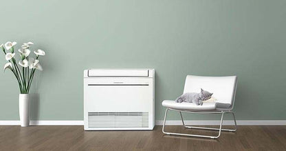 Mitsubishi RapidHeat MFZ-KW42VG heat pump console in a modern room setting.