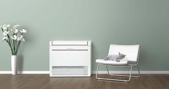 Mitsubishi RapidHeat MFZ-KW42VG heat pump console in a modern room setting.